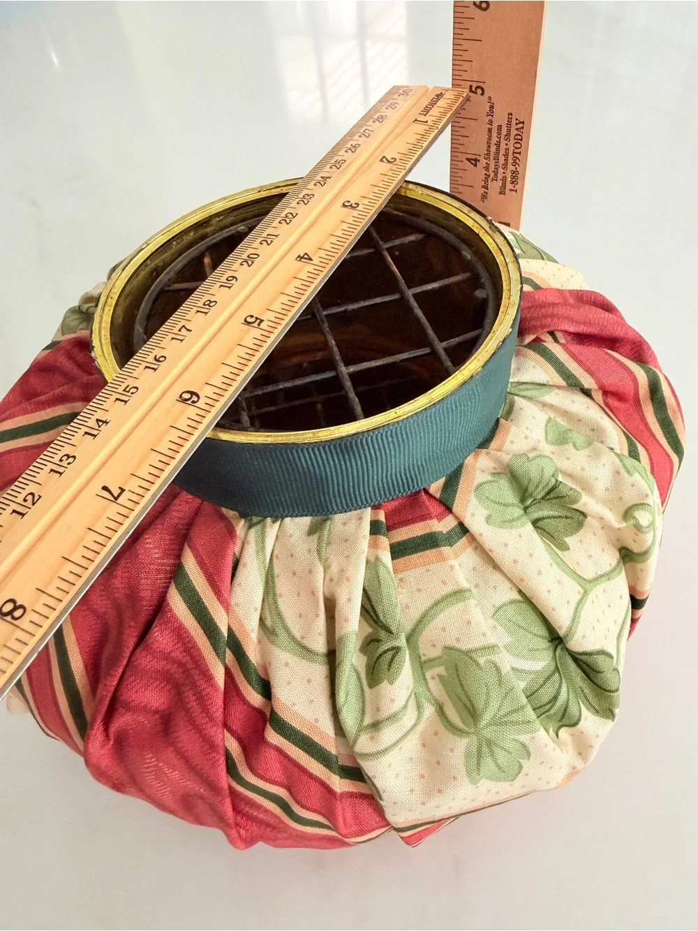 vintage fabric pouf flower vase with wire frog grid arranger cottagecore 1980s